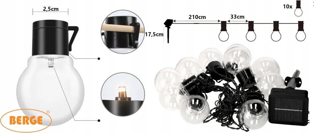 BERGE Vonkajšia reťaz GIRLAND solárna 5m + 10 LED žiaroviek IP44