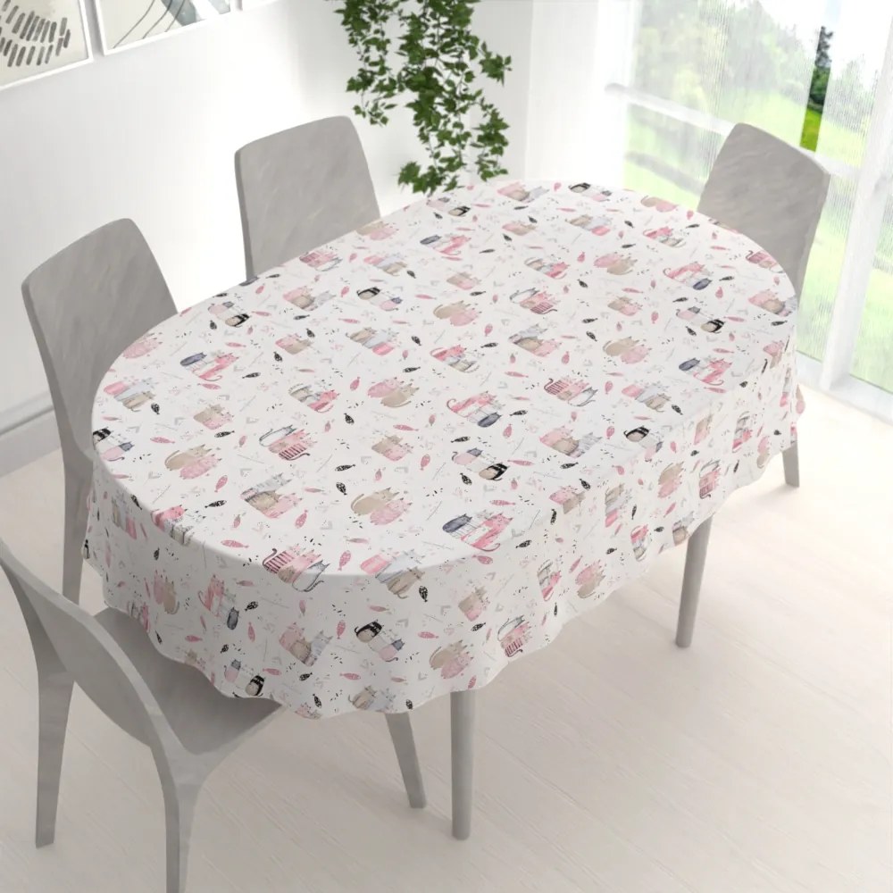 Biante Detský bavlnený oválny obrus Sandra SA-654 Mačací svet ružovo-hnedý na bielom 140x220 cm