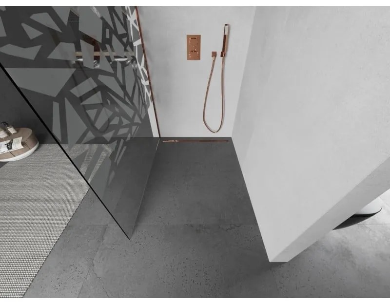 Mexen Kioto L, sprchová zástena Walk-In 100 x 200 cm, 8mm číre sklo biely vzor, ružové zlato profil, 800-100-103-60-85