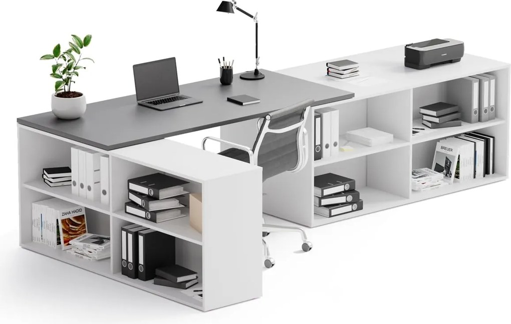 Kancelársky písací stôl s úložným priestorom BLOCK B02, 320x160 cm, biela/grafit