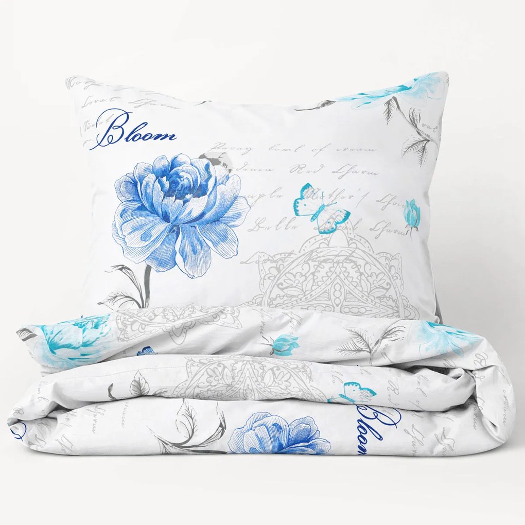 Goldea bavlnené posteľné obliečky - vzor 1113 modré pivonky s textami 140 x 220 a 70 x 90 cm