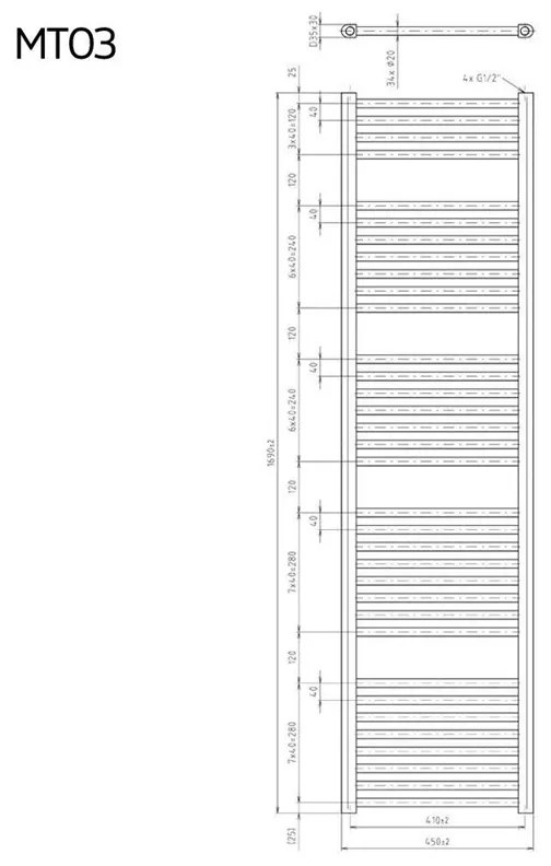Mereo, Vykurovací rebrík 600x1690 mm, rovný, biely, MER-MT13