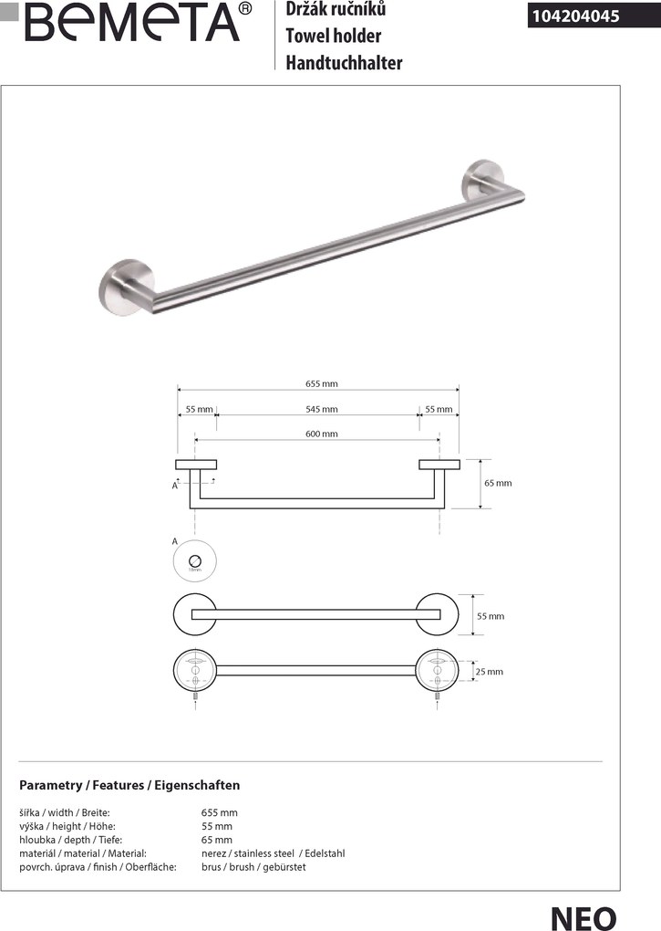 Bemeta Design NEO: Držiak uterákov, 600 mm - 104204045