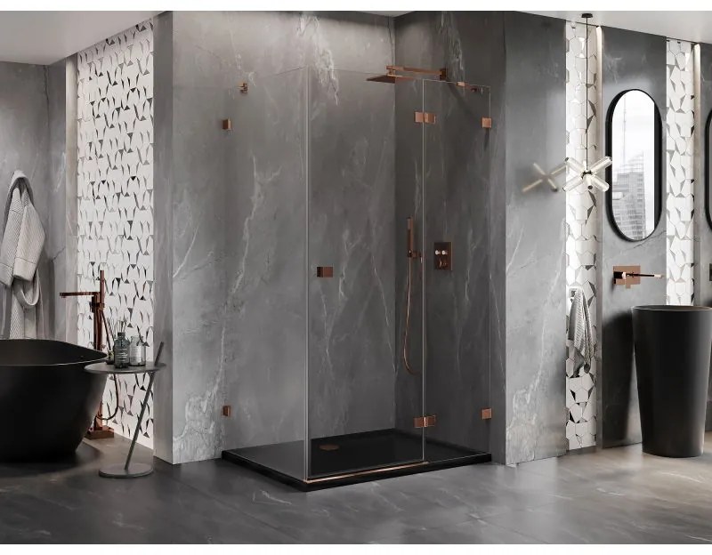 Mexen Lunar, pravostranný výklopný sprchový kút 75 x 90 cm, 8mm číre sklo, ružové zlato profil, 834-075-090-60-00-P