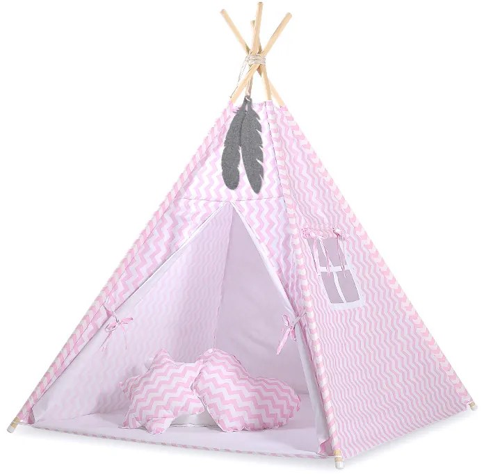 Bobono Stan Teepee pre deti + podložka na hranie + dekoratívne pierka - Chevron pink