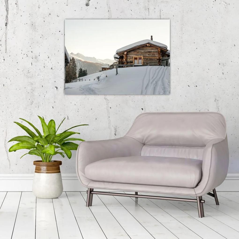 Sklenený obraz - horská chata v snehu (70x50 cm)