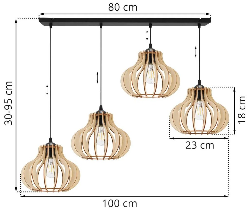 Závesné svietidlo Timber 3, 4x drevené tienidlo