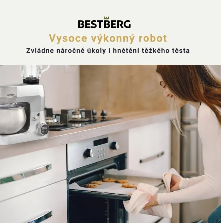 MEGAKOMBO BestBerg BBR-2000S multifunkčný kuchynský robot s nástavcami na cestoviny + 15-dielna sada hrncov a panvíc s nepriľnavým povrchom z nehrdzavejúcej ocele BestBerg BBSC-15 / strieborná