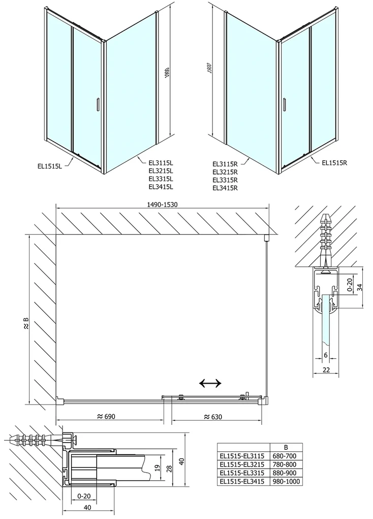 Polysan Polysan, Easy Line obdĺžniková sprchová zástena 1500x800mm L/P varianta, EL1515EL3215