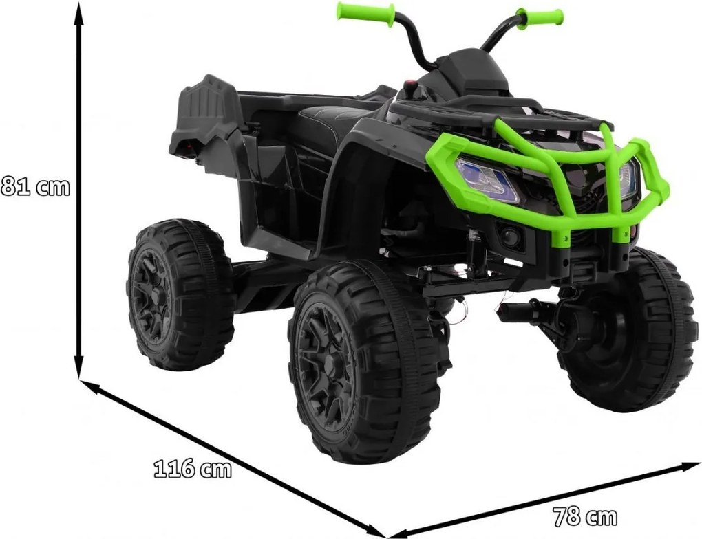 Ramiz Štvorkolka XL ATV 2,4 GHz na batérie pre deti čierna/zelená + diaľkové ovládanie + pohon 4x4 + nosič batožiny + pomalý štart + EVA + LED audio