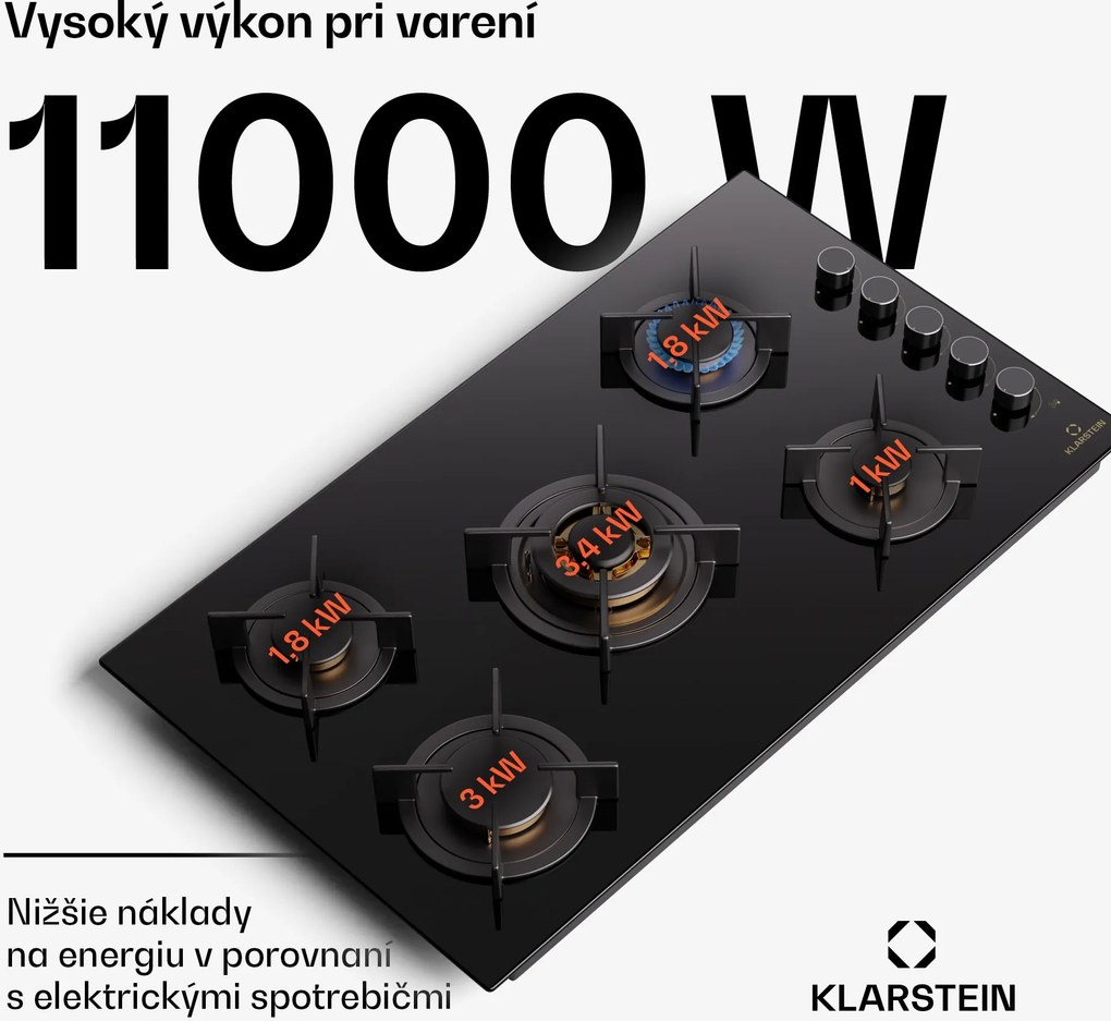 Klarstein Goldflame 5, plynová varná doska, sebestačná, 5 horákov, bočné ovládanie, plyn/propán, sklokeramika, čierna