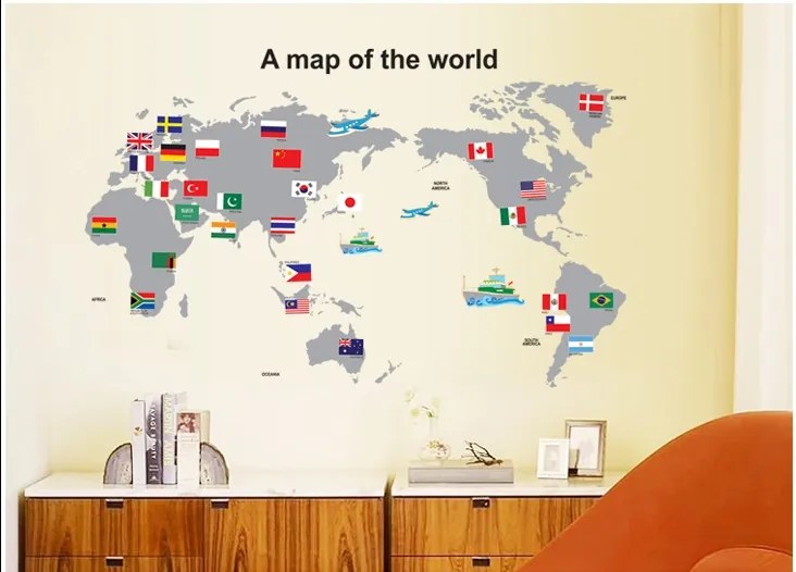 Veselá Stena Samolepka Mapa Sveta s vlajkami