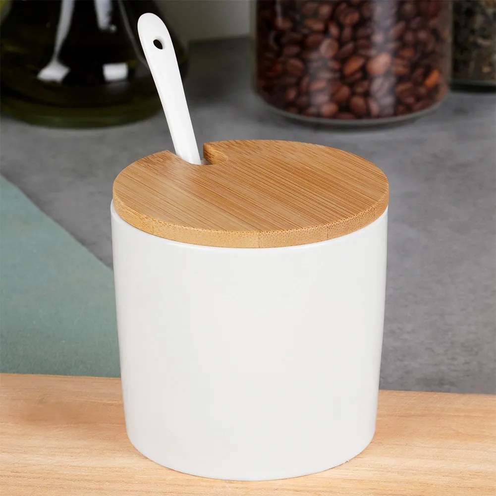 VILDE Guľatá keramická cukornička s bambusovým viečkom a lyžičkou, 250ML biela