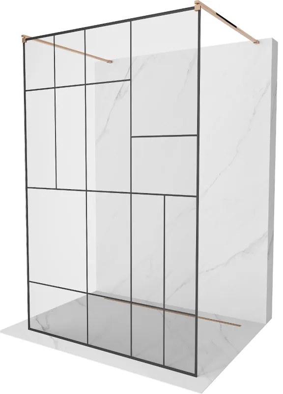 Mexen Kioto, priechodná sprchová zástena 110 x 200 cm, 8mm sklo číre s čiernym vzorom, 2x zlatá stabilizačná rozpera, profil ružové zlato, 800-110-002-60-78