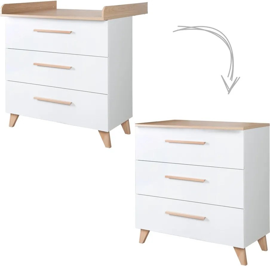 Biela detská komoda s prebaľovacím pultom v dekore duba 88,5x99x76 cm Léon – Roba