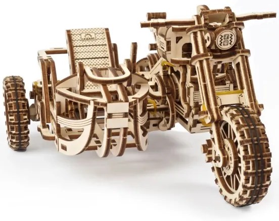 Ugears - 3D drevenené mechanické puzzle Motorka scrambler s vozíkom