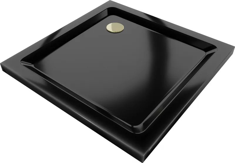 Mexen Flat štvorcová sprchová vanička slim 90 x 90 cm, čierna, sifón zlatý - 40709090G