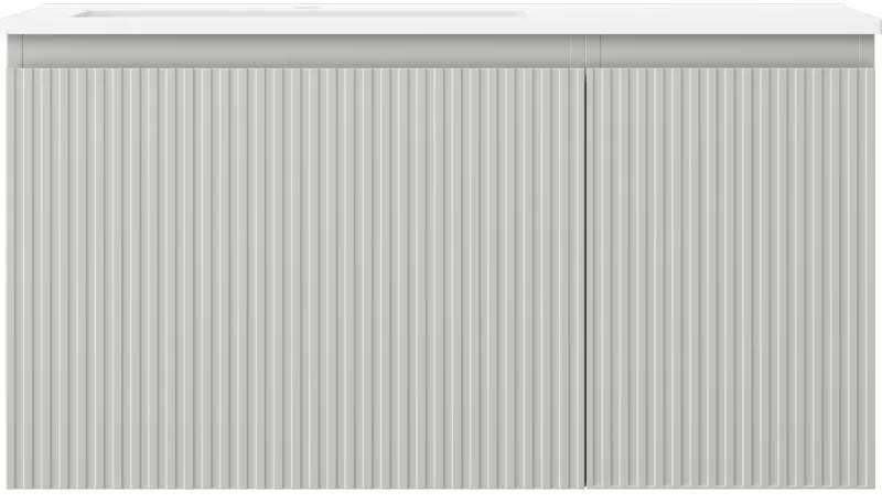 Mexen Rivel, kúpeľňová skrinka 90 cm s umývadlom Otis vľavo, 1S, 1D, drážkovaná, sivá matná/biela matná - 91A23-09047-3-BBFF62-W18L01