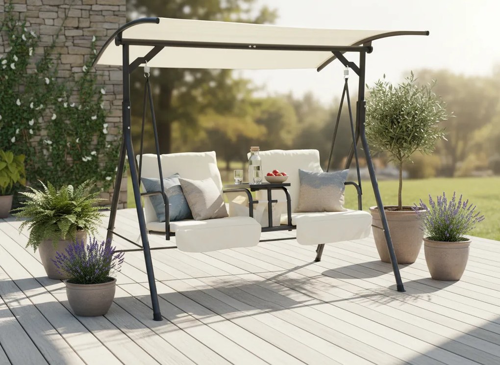 Dvojmiestna záhradná hojdačka v béžovej farbe so stojanom na hrnčeky 170 x 110 x 165 cm