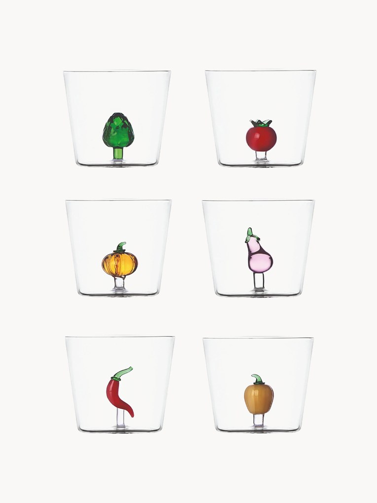 Ručne vyrobené poháre z borosilikátového skla Vegetables, 6 ks