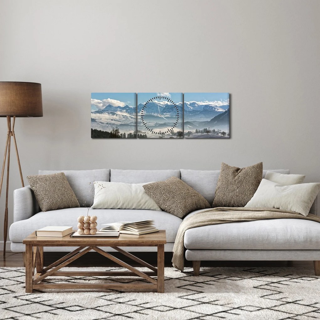 Obraz zasnežených hôr (s hodinami) (90x30 cm)