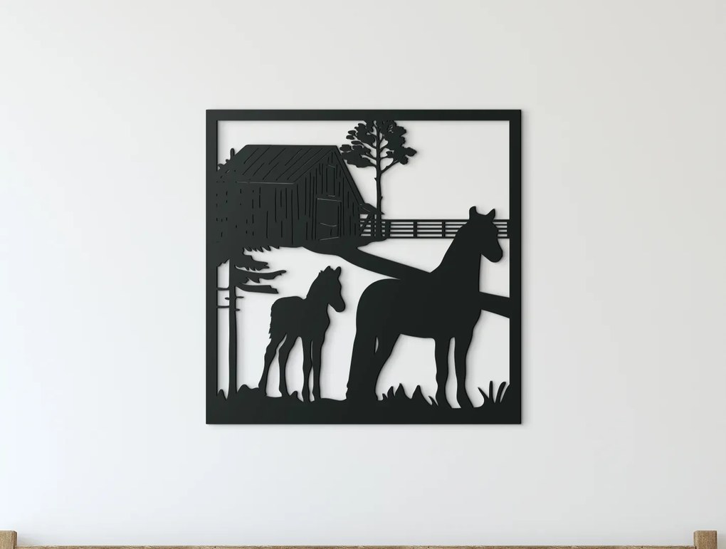 drevko Drevený obraz na stenu Kobyla so žriebätkom Rozmer obrazu: 32,5 x 32,5 cm, Farba dekorácie: Čierna