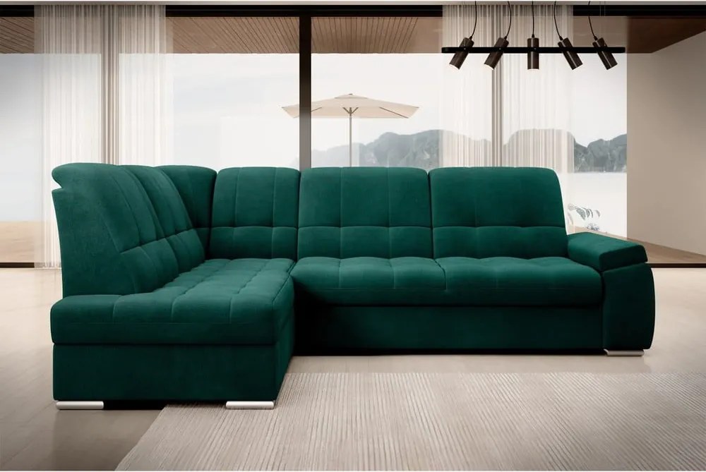 Zelená zamatová rozkladacia/s úložným priestorom rohová pohovka (ľavý roh/do L) Sado – ELTAP