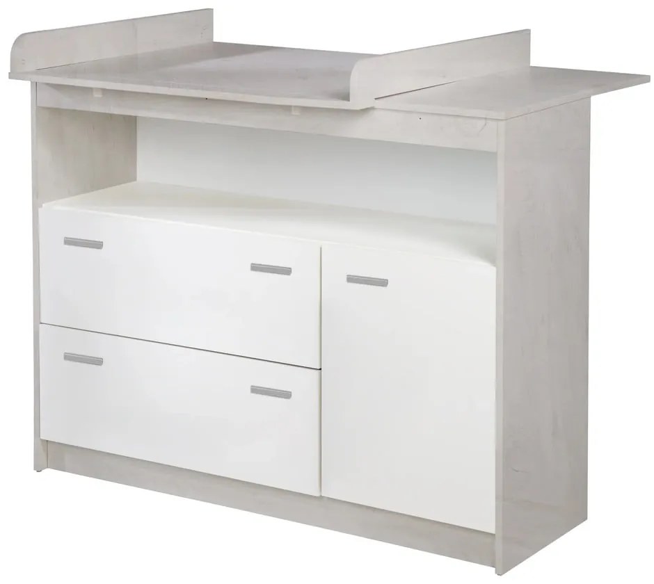 Biela nízka detská komoda v dekore duba s prebaľovacím pultom 117x98 cm Julia – Roba