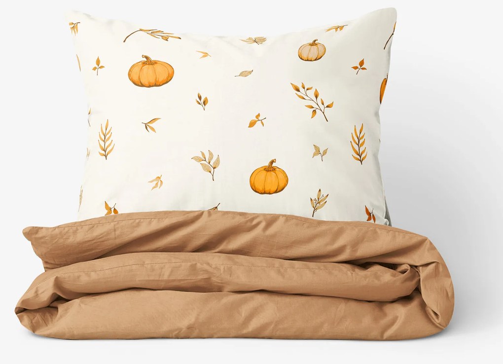 Goldea bavlnené posteľné obliečky duo - jesenné tekvice a lístky s hnedou 240 x 220 a 2ks 70 x 90 cm