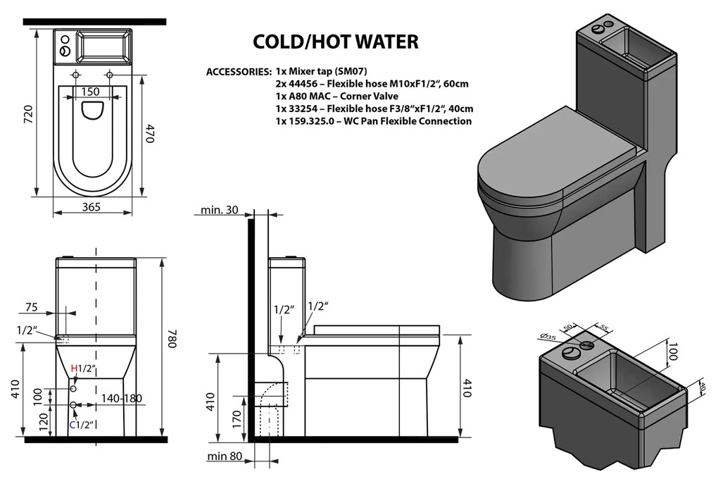 Aqualine Aqualine, HYGIE WC kombi s umývadielkom, zadný/spodný odpad, biela, PB104W