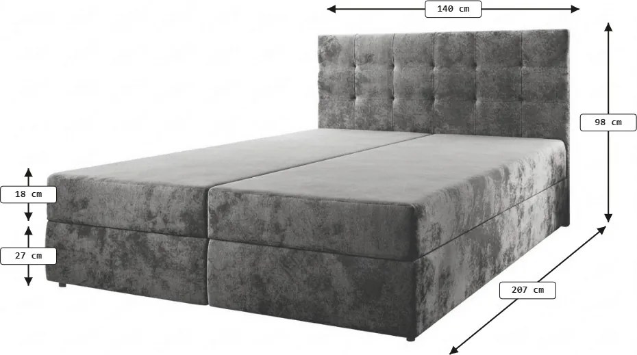 Čalúnená posteľ boxspring GLORIEN VELVET 140x200 cm modrá Matrac: Bonell pružinová matrac