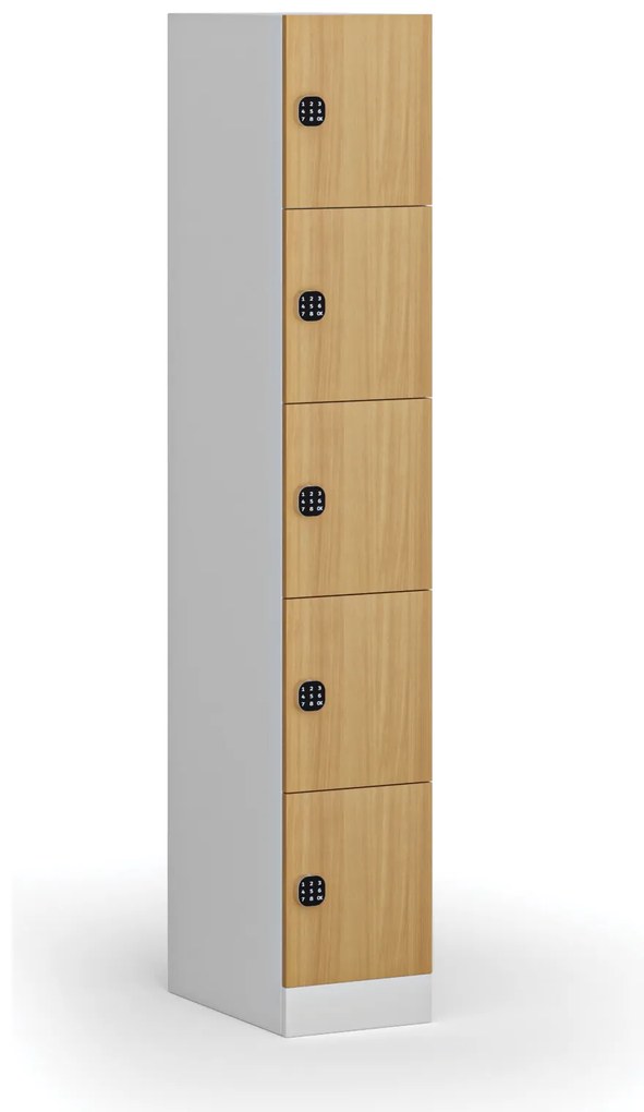 Šatníková skrinka S1 s úložnými boxmi, 5 boxov, 1850 x 300 x 500 mm, kódový zámok, laminované dvere, buk