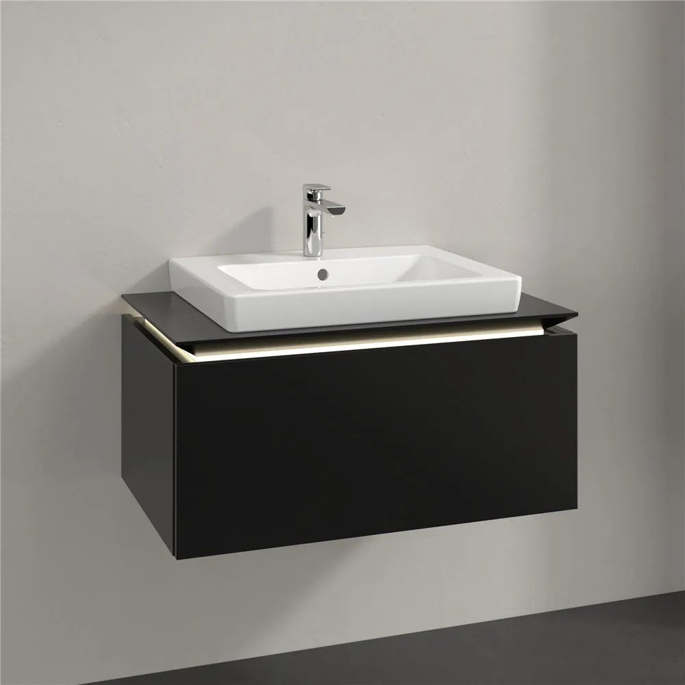 VILLEROY &amp; BOCH Legato závesná skrinka pod umývadlo (umývadlo v strede), 1 zásuvka, s LED osvetlením, 800 x 500 x 380 mm, Black Matt Lacquer, B678L0PD