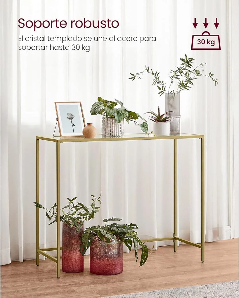 Konzolový stolík, bočný stolík, oceľový rám, tvrdené sklo, 20 x 100 x 80 cm, zlatá farba