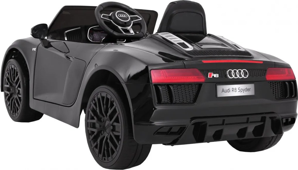Ramiz Audi R8 Spyder na batérie Lak čierny + Diaľkové ovládanie + EVA + Pomalý štart + Rádio MP3 + LED