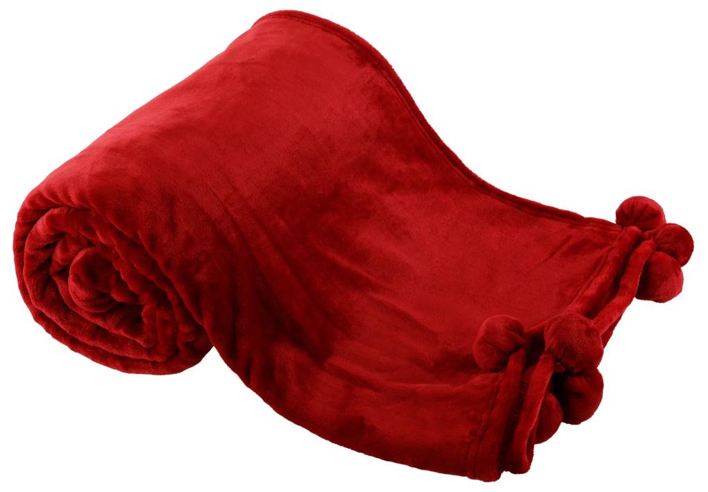 TEMPO-KONDELA LUANG, plyšová deka s brmbolcami, bordová, 150x200 cm