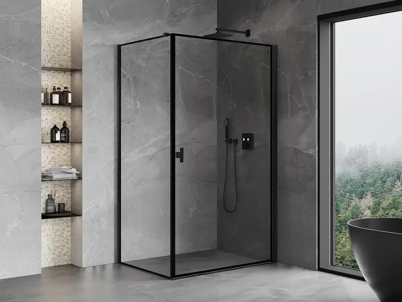 Mexen Mist-B, 1-krídlový výklopný sprchový kút, pravý, 90 x 80 cm, číre sklo-čierny rám, 8A2T-090-080-70-70-P