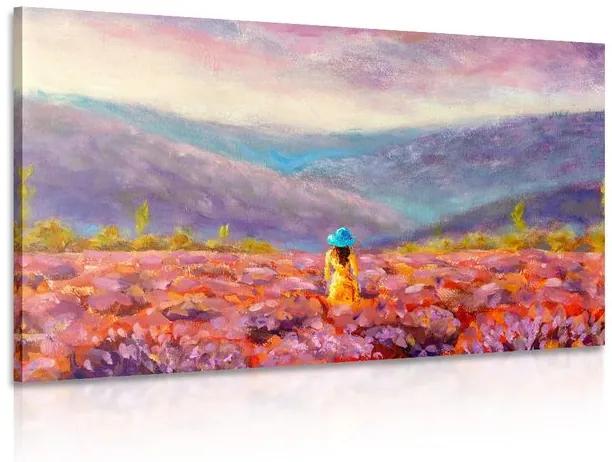 Obraz maľba ženy uprostred kvetinovej lúky