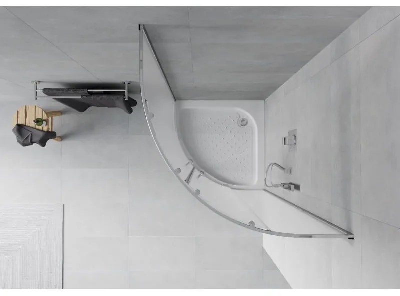 Mexen Rio, štvrťkruhový sprchovací kút s posuvnými dverami 90 x 90 cm, 6mm sklo námraza, chrómový profil + biela vysoká sprchová vanička Rio, 863-090-090-01-30-4710