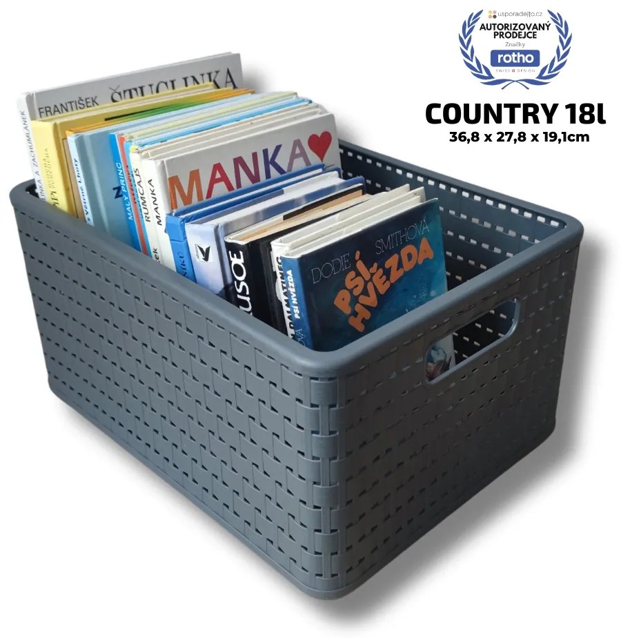 Plastový košík COUNTRY, rovný, antracit (18l - 37x28x19)
