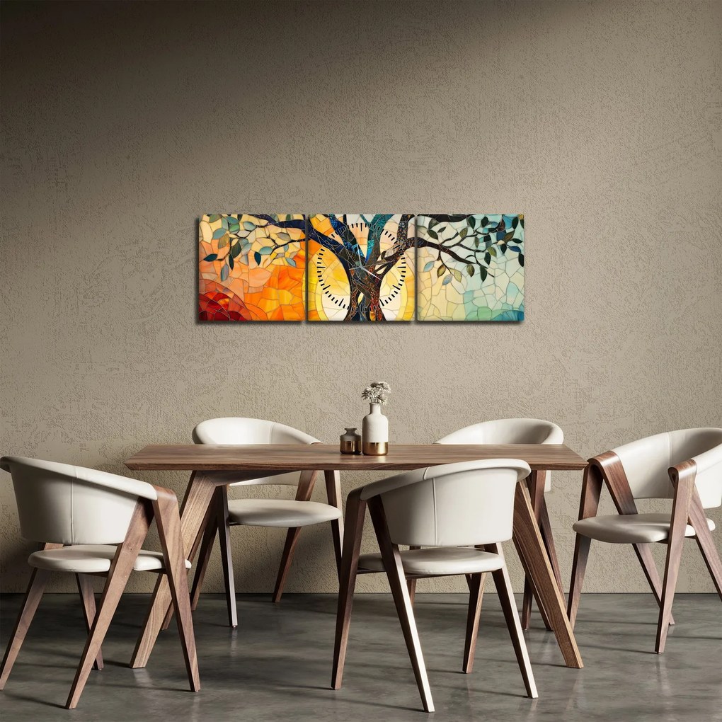 Obraz – Mozaika – slnko a strom I. (s hodinami) (90x30 cm)