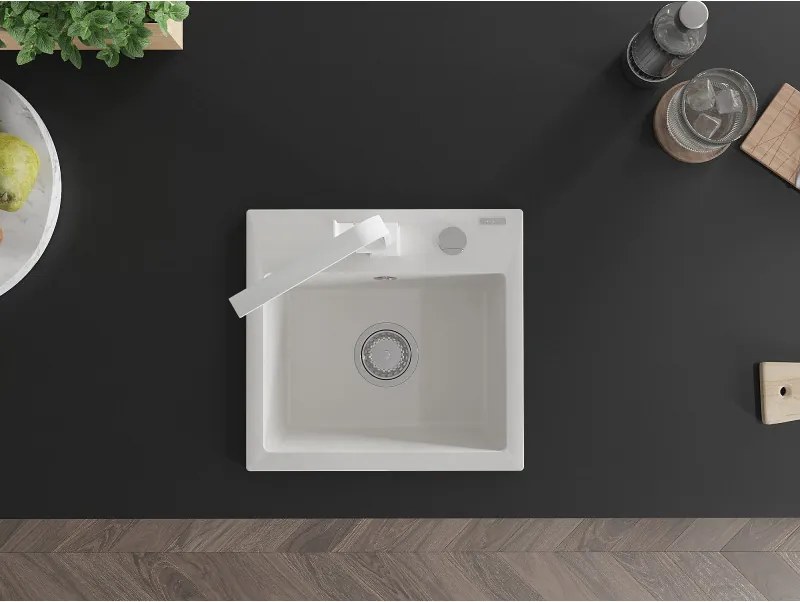 Mexen Milo, 1-komorový granitový drez 435x410x171 mm a biela batéria Rita, biela, 6505-20-670300-20