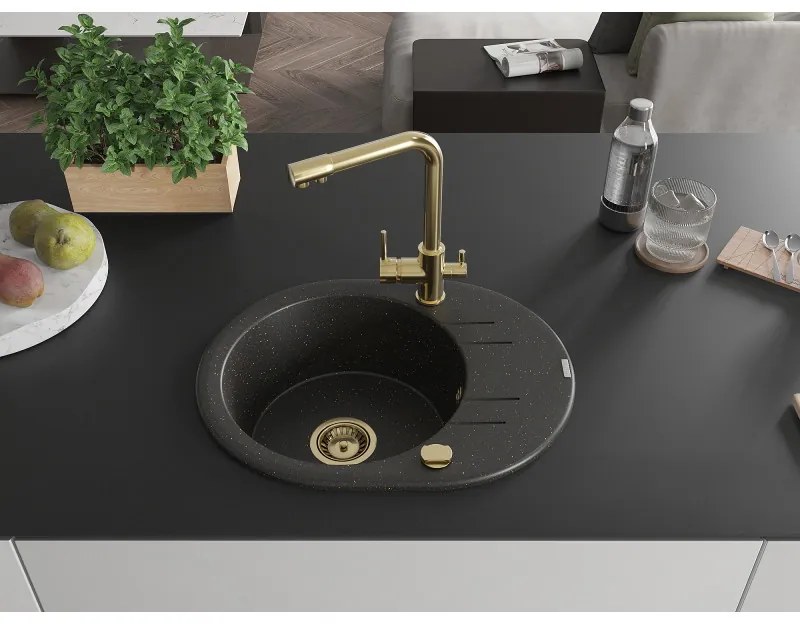 Mexen Kevin, drez granitový 586x458x190 mm, 1-komorový a zlatá Duero batéria, čierna - zlatá metalíza, 6517-75-671600-50