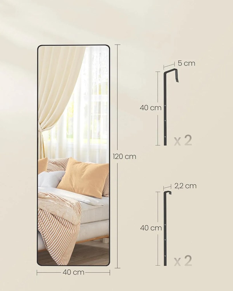 Celo­dĺžkové zrkadlo obdĺžnikové, na stenu alebo dvere, 120x40 cm, čierne