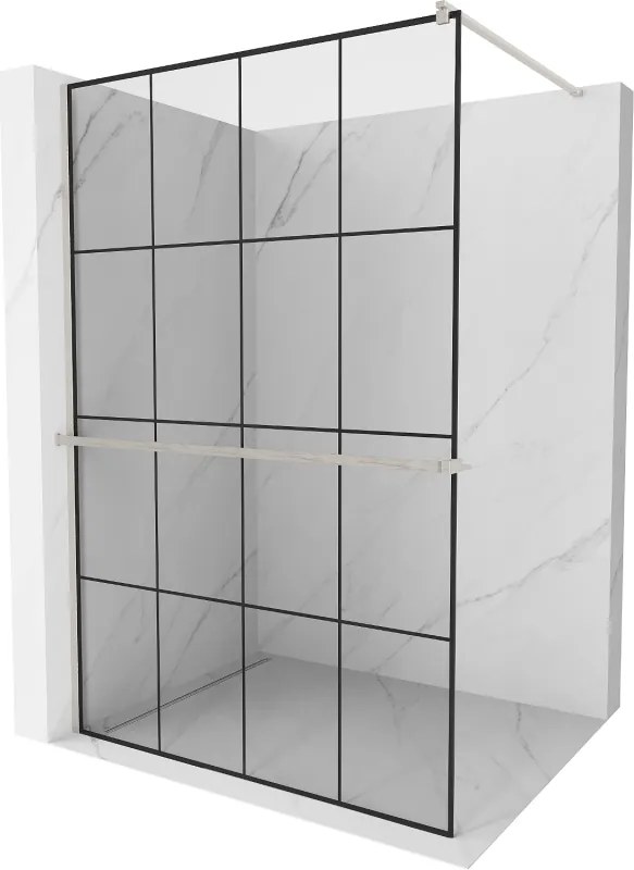 Mexen Kioto+, sprchová zástena Walk-In s poličkou a vešiakom 130 x 200 cm, 8mm číre sklo čierny vzor, brúsená oceľ profil, 800-130-121-97-77