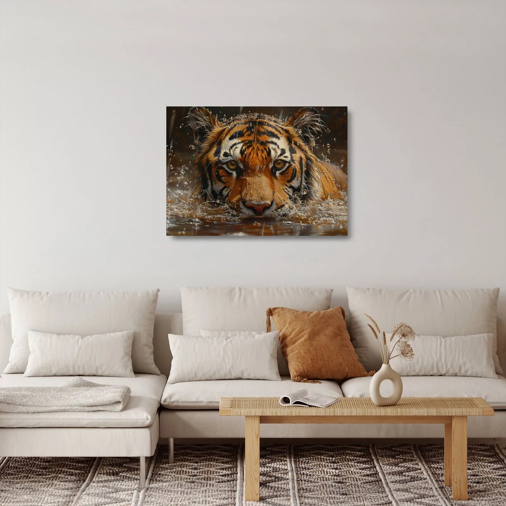 Sklenený obraz - Portrét tigra vo vode (70x50 cm)