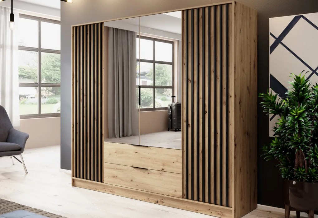 Šatníková skriňa so zrkadlom BELANDA 2D, 105x200x51, dub artisan/čierna