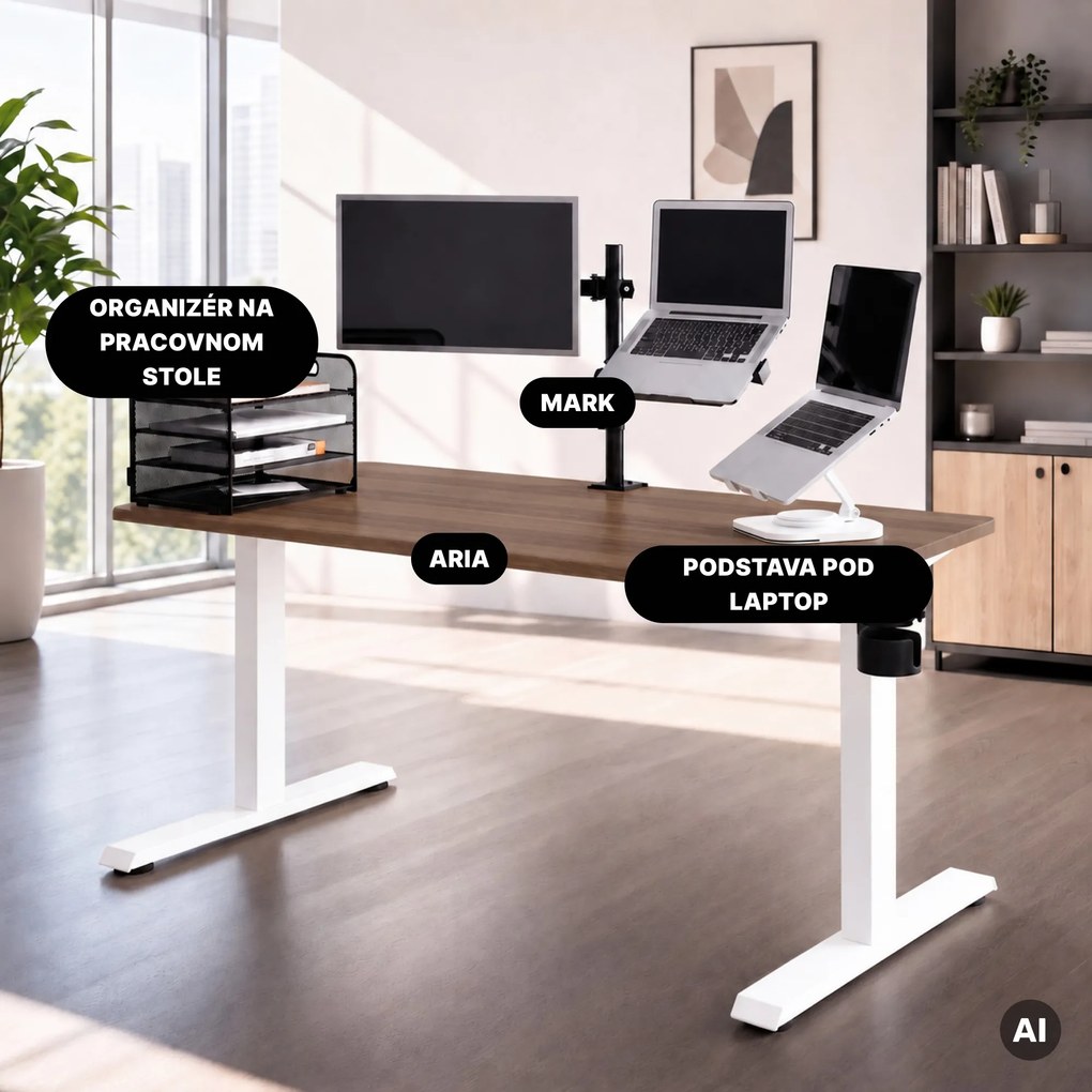 Elektrický stôl s nastaviteľnou výškou ergonomický biely/orech,1400x700 mm: ARIA
