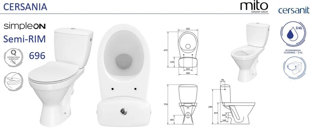 Cersanit Cersania SimpleOn 010 - WC kombi 3/6l + Slim sedátko s pomalým zatváraním z duroplastu, horizontálny odpad, biela, K11-2338