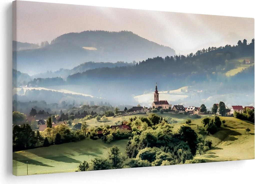 Obraz - dedinka v hmle (90x60 cm)